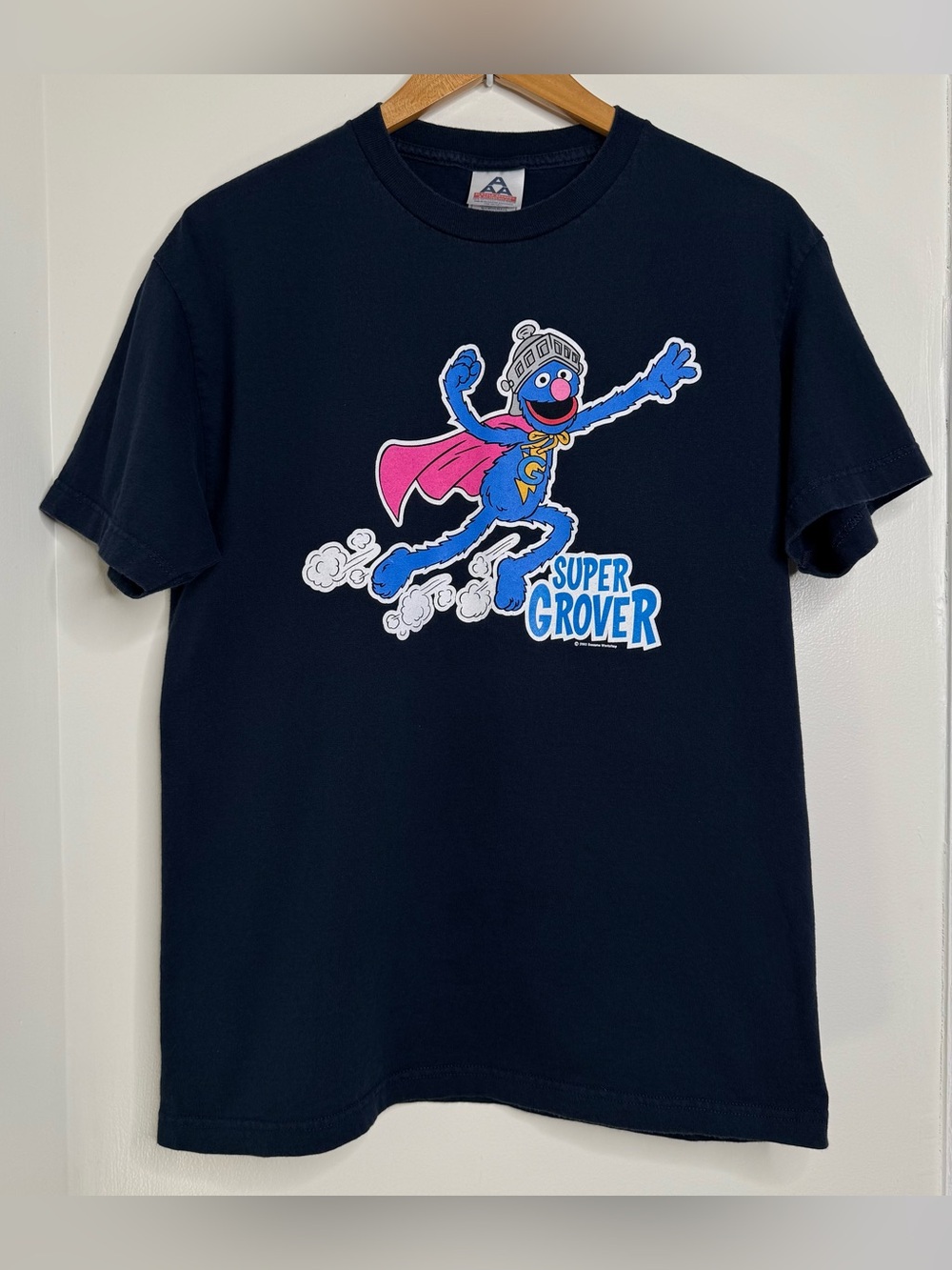 Vintage Y2K Super Grover T Shirt Navy Blue Cotton Short Sleeve Large Sesame St